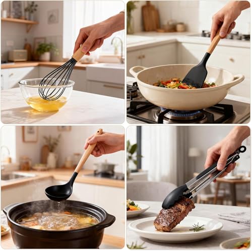 Image of Elmvia Silicone Cooking Utensil Set,12 PCS Cooking Kitchen Utensils Set, Nonstick Kitchen Utensils 446F Heat-Resistant Cookware Kitchen Tools of Spoon,Brush,Whisk,Spatula,Turner Tongs (Black)