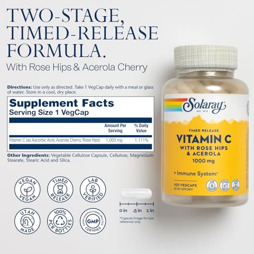 SOLARAY Vitamin C 1000mg - Time Release Vitamin C Capsules w/Rose HIPS and Acerola for Bioflavonoid Support - Two-Stage, All-Day Immune Support - Vegan, 60 Day Guarantee, 100 Servings, 100 VegCaps - Image 3