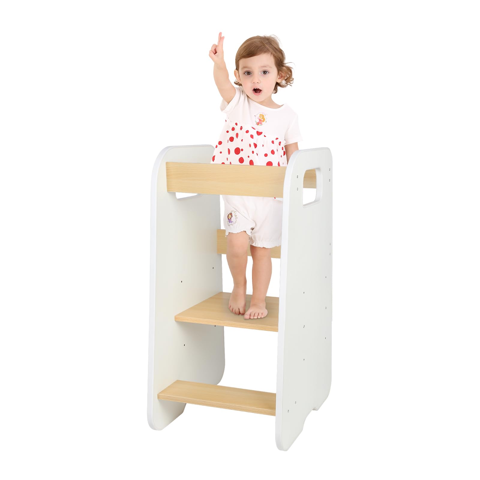 Scala Montessoriana per Bambini Torre di Apprendimento 80x50x40 cm Bianco Naturale con Lavagna 3 Altezze Regolabili Antiscivolo Antiribaltamento Portata 50 kg