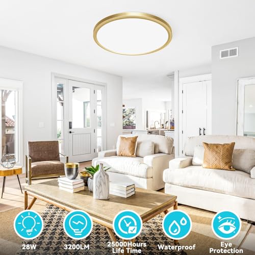 Image of libtit 12 Inch LED Ceiling Light Golden, 28W 3200lm Aureate Flush Mount Ceiling Light, 3 Color Temperature 3000K /4500K /6000K, Gilded Round Flat Light Fixture for Kitchen Bathroom Shower