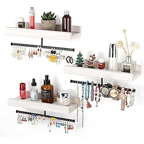 Miratino Jewelry Organizer Hanging Jewelry Holder Rustic Wood Wall Mounted Jewelry Storage for Necklaces Bracelets Earrings Rings Display Set of 3 Vintage White Cover