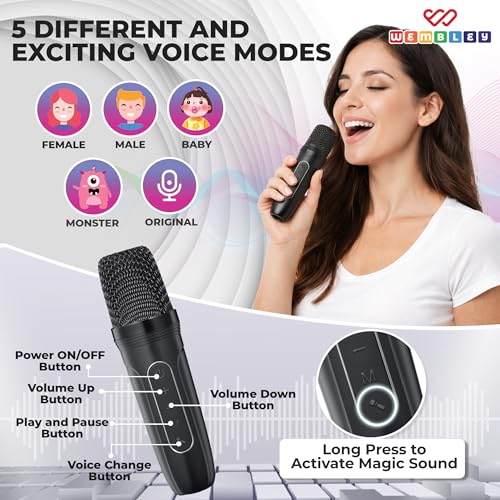 Image of Wembley Karaoke Speaker with Wireless Mic | 5 Voice Modes Mic with Portable Bluetooth Speaker | Splashproof Long Playtime 360 Surround Sound with RGB Lights | Ideal Gift Karaoke System for Home