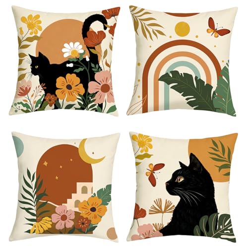 Joymaison Housse Coussin 45x45 Lot de 4 Résumé Boho Feuilles Tropicales Taie d'oreiller Chat Noir Géométrique Minimaliste Moderne Housse d'oreiller pour...