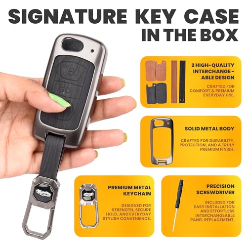 Image of Car Key Cover Compatible with Tata Nexon|Altroz|Tiago|Punch|Harrier|Safari|Tigor 3-Button Flip Smart Key (Dual Leather Metal (Black & Brown))