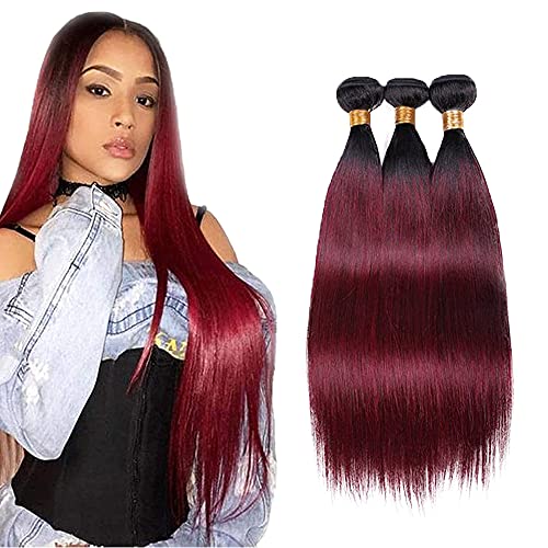 WunnSvm 1b99j Human Hair Bundles Burgundy Straight Bundles Ombre Hair Extentions 100% Unprocessed Virgin Human Hair Weaves With Dark Roots To Wine Red Hair 3 Bundles(20 22 24)Inch