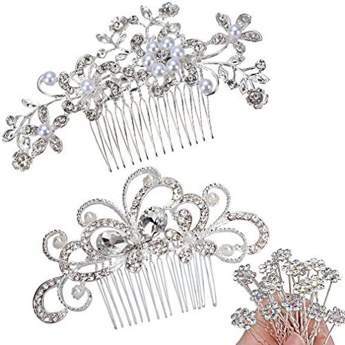 ANBALA Pack of 2 Bridal Wedding Hair Comb, Crystal Rhinestones Pearls Women Wedding Hair Comb with 20 Pcs Crystal Hair Pins Clips Headpiece for Brides