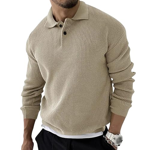 Men's Lapel Button Knitted Pullover Classic Long Sleeve Waffle Male Knit Sweater Casual Textured Knits Sweaters