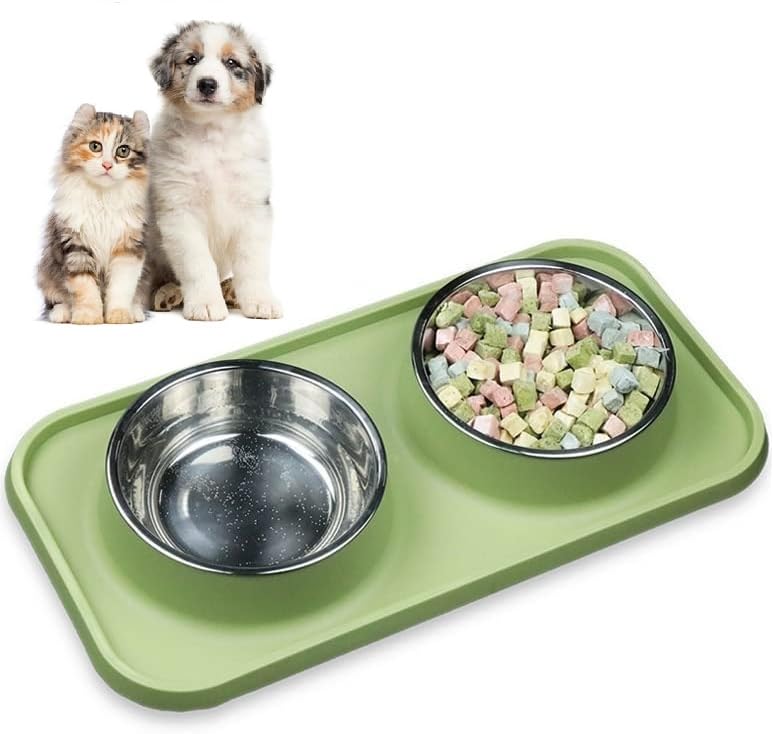 MahMir® Cat Food and Water Bowls, Bowls Non-Skid and Non-Spill Silicone Mats with Stand, Removable Stainless Steel Water Dishes for Cats, Small Size Dogs (Olive Green)