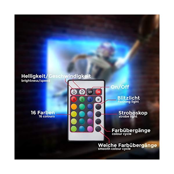 B.K.Licht - TV LED Strip 2m mit Fernbedienung, buntes RGB Licht, dimmbar, LED Streifen, LED Leiste, Gaming Deko, LED Band, LED Lichtleiste, LED Lichtband, TV Beleuchtung, 50,5x1x0,3 cm, Weiß – Bild 7