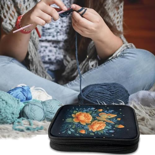 Image of Vanideaoty Yellow Butterfly Crochet Storage Organizer with Web Pockets Floral Knitting Needle Storage Holiday Portable Crochet Hook Case for Holiday Decor