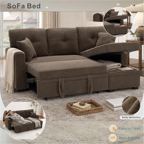 Image of KEIKI 71 inch Sectional Sleeper L Shaped Sofa with Pull Out Bed, Sleeper Sofa with Reversible Chaise, 3 Seater Modular Sectional Sofa with Storage for Living Room, Coffee