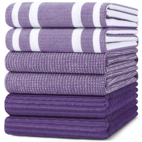Image of Homaxy Premium Kitchen Towels(18 inchx 28 inch, 6 Pack), Large Cotton 380 GSM Kitchen Hand Towels, Soft and Absorbent Terry Dish Towels, Multipurpose Tea Towel Set with Hanging Loop, Purple