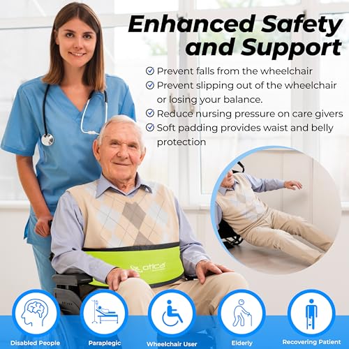 Image of OTICA Wheelchair Safety Belt, Adjustable Length - Green Anti-Slip and Anti-Fall Wheelchair Strap Seat Belt, Extra Long Size-Suitable for Obese People (Green, Wheelchair Safety Belt With Pad)