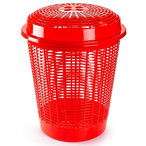 Tradineur - Cesto redondo para ropa sucia, pongotodo con tapa, cubo para almacenar la colada, diseño a rayas, hogar (Rojo, 50 litros, 57,5 x 45,7 cm)