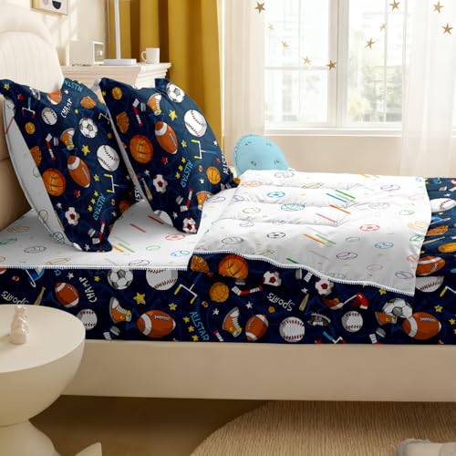 Image of Kids Comforter Set,Zipper Bedding Twin for Boys,Football Printed Comforter Set with Soccer Basketball Fitted Sheets and Pillowcases for All Season(Tennis)