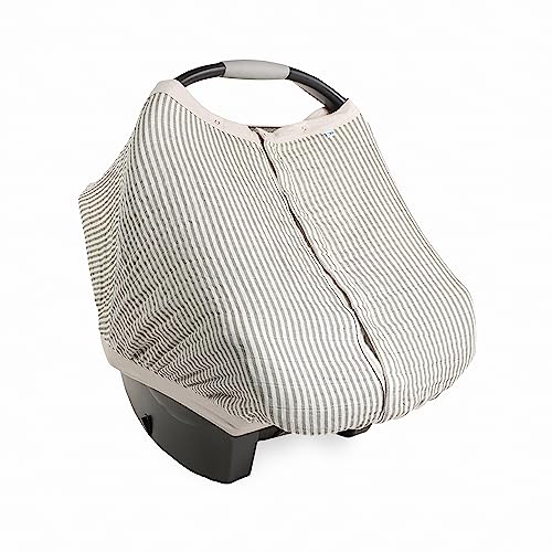 Image of Little Unicorn Baby Car Seat Canopy | Soft & Breathable Muslin Fabric | Magnetic Closure Cover & Universal Fit | for Protection & Privacy | Nursing Cover (Grey Stripe)
