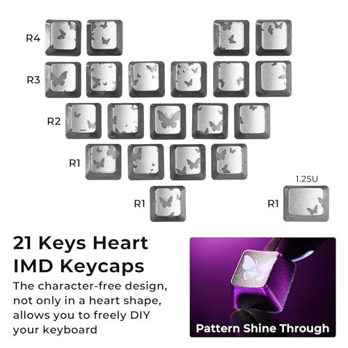 Image of HITIME XVX Butterfly Shine Through Keycaps, Love Theme Cute Custom Keycaps, Blank OEM Profile IMD Translucent Keycap, Anime Style, for MX Switches Mechanical Keyboard, Silver(Only 21 Keys