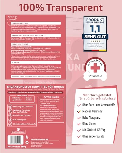 Prä & Probiotika Hund [MADE IN GERMANY, ZUCKERFREI & LABORGEPRÜFT] Darmkur mit 670 Mrd. KBE & Präbiotika – stärkt Darmflora & Verdauung – ideal nach Wurmkur, Grasfressen & Sodbrennen (180g (1er Pack))