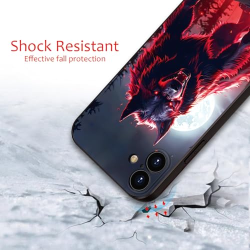 Printed with Wolf for iPhone 16 case, Under The Full Moon, The Wolf King with Untamed Power and Radiating Red Eyes - Silicone Shockproof Case (A1-Wolfs-Animal)