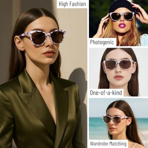 Polarized Sunglasses for Women, White Marble Print Frame and Brown Lenses, UV400 Protection, Trendy Vintage Design for Travel4