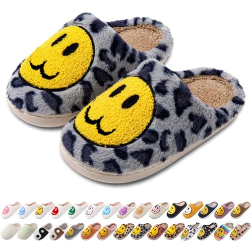 Image of Women's Men's Preppy Happy Face Slippers Comfy Warm Plush Slip-On House Slipper for Winter Indoor Soft Cushion Non-slip Fluffy Slides Slippers