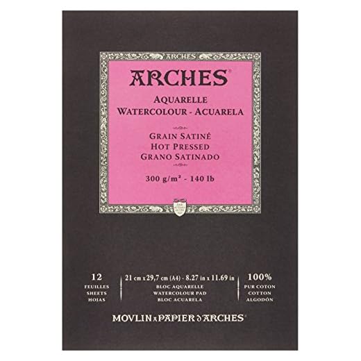 Arches - Papel de acuarela, bloc 12 hojas engomado 1 lado, grano satinado, 300 g/m², A4