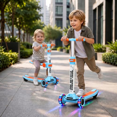 Image of R for Rabbit Road Runner Stellar Duo 2-in-1 Kids Kick Scooter with Foldable & Detachable Ride-On Seat, 4-Level Adjustable Height, LED PU Wheels for Boys & Girls 3+ Years, Up to 75 kg (Blue Orange)