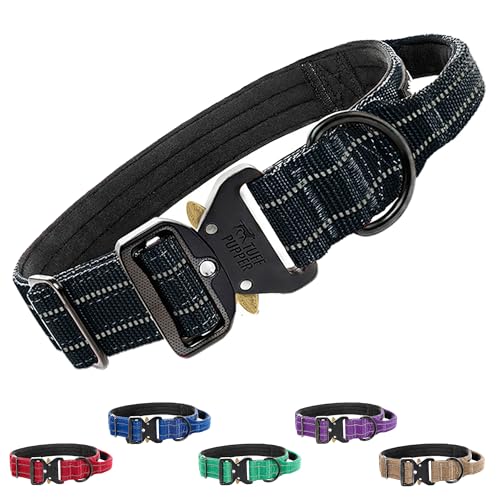 Image of Tuff Pupper Tactical Dog Collar | Heavy Duty 1.5 inch Wide Ballistic Nylon | Training Control Handle | Quick-Release Metal Buckle | Reflective Bands | ID Tag Holder | Padded Inner Lining (Black, Large)