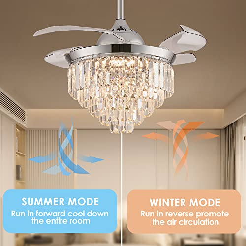 Finktonglan Dimmable Crystal Fandelier Ceiling Fan With Light And Remote, 36” Retractable Invisible Blades Fandeliers Modern Chandelier Ceiling Fan For Dining Room Bedroom Living Room, Chrome #TOP5