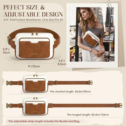 Image of RAINSMORE Fanny Packs for Women, Leather Belt Bag Waterproof Everywhere Crossbody Waist Pack with Adjustable Strap Retro Sling Chest Bag for Work Running Travel Party, Brown with White