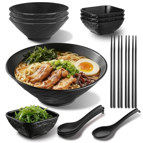 Berglander Set de Bol Ramen 4 x 1200ml avec Bols à Sauce, Baguettes et Cuillères, Bols en Plastique Incassables de Style Japonais pour Soupe de Nouilles...