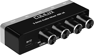 Cubilux 4-Channel 3.5mm Audio Mixer, Ultra-Low-Noise Mini Audio Mixer for Sub-Mixing, 1/8” 4 Channel Audio Switcher DC 5V, Suitable for Smartphone Audio System, Guitars, Bass, Keyboards