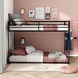 Furniture of America Dravenor Modern Metal Twin Over Twin Low Profile Bunk Bed with Reversible Ladder and Twnty-Two Slats, No Box Spring Required, for Kids, Bedroom, Dorm, Black