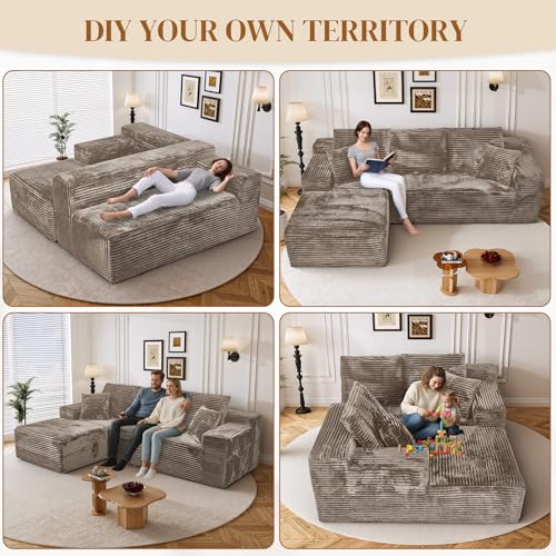 Image of 108 inch L Shaped Boneless Sectional Couches for Living Room, Comfy Corduroy Floor Cloud Sofa with Chaise, Wide Armrest, Deep Seat, Memory Foam, Assembly Free, Ideal for Small Spaces, Brown