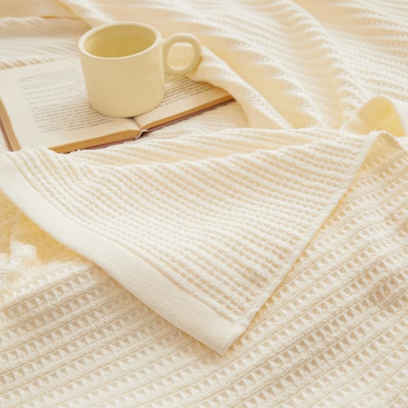 Manta Ligera De Punto Gofre 100 % Algodón Para Todas Las Estaciones, Tamaño Matrimonial/queen, Color Marrón Liso, Marfil, Cálida, Acogedora, Suave Al Tacto, Lavable A Máquina, Manta Para Cama O Sofá