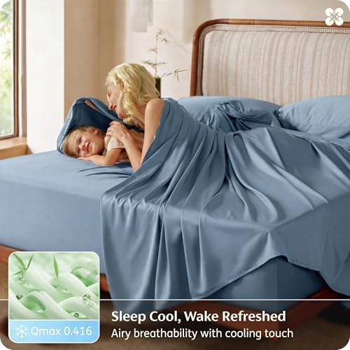 Image of Bedsure 100% Organically Grown Bamboo Viscose Queen Sheet Set | Cooling Bedsheets for Hot Sleepers | Luxury Silky Soft PureWoven | 18 inch Deep Pocket with Corner Straps | Oeko-Tex [Mineral Blue]