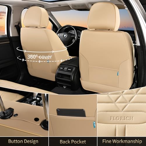 Image of FLORICH Car Seat Covers for Front Seats, Universal Seat Cushion 2 Seats, Car Seat Protector Waterproof, Premium Leather Automotive Seat Covers for Most Cars, Sedans, SUVs, and Trucks-Beige