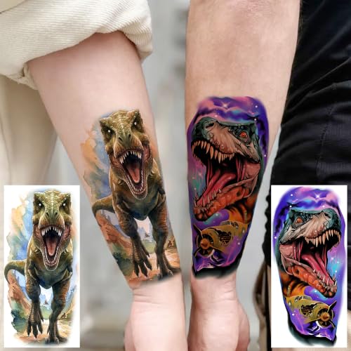 Image of VANTATY 12 Sheets Watercolor Dinosaur Temporary Tattoos For Kids Men Women Adults Forearm Tattoo Sticker, Realistic 3D T-Rex Fake Tattoos For Boys Girls Teens Children Tattoos Long Lasting Waterproof
