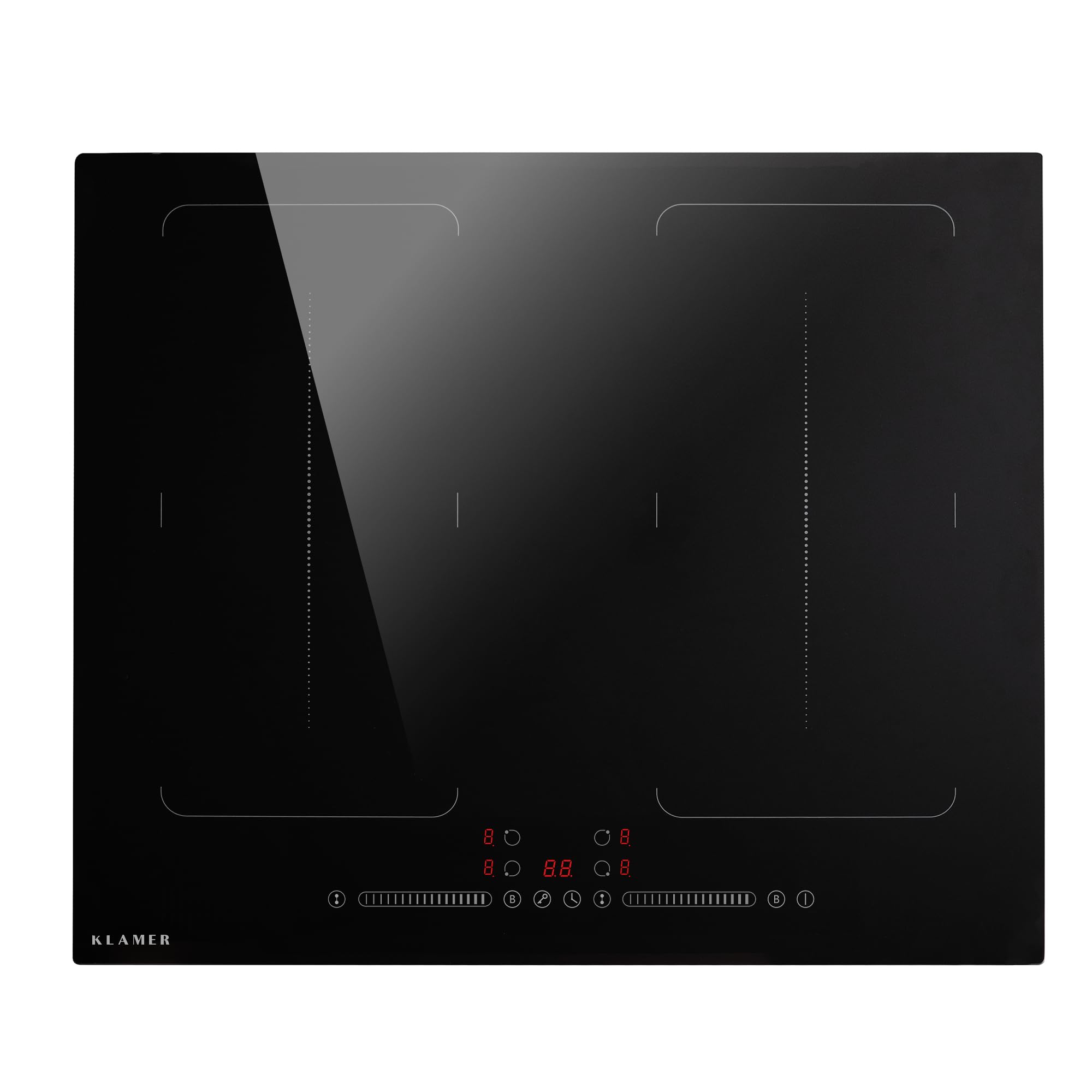 KLAMER Induktionskochfeld 60 cm, 4 Zonen mit 2 Flexzonen, 7400 Watt, Boost Funktion, 9 Leistungsstufen, Timer 99 min, Kindersicherung, Kratzfeste Glasoberfläche