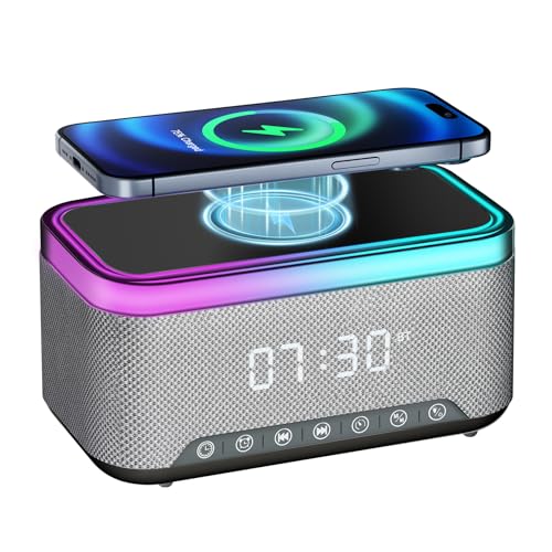 Alarm Clock Wireless Charger Bluetooth Speaker FM Radio, White Noise Sound Machine with Light for Sleeping for Bedrooms, Digital Clock with USB AUX Port for Heavy Sleepers Child, Black