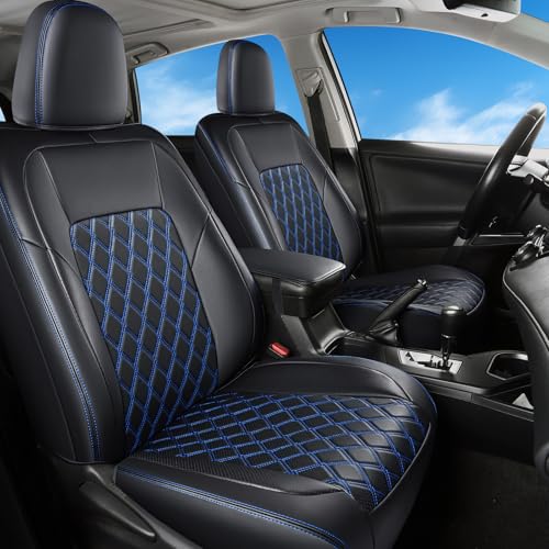 Image of Huidasource Custom Fit RAV4 Car Seat Covers Front&Rear Full Set, Waterproof Leather Car Seat Protector Covers Fit for 2013-2018 Toyota Rav4 XLE LE XLE Premium Limited (Not for Hybrid, Black&Blue)