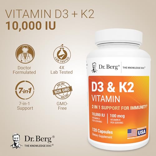 Dr. Berg Vitamin D3 & K2 10,000 IU + MK-7 – 120 Capsules – Immune, Bone & Heart Support* Supplement w/Magnesium, Zinc, B6 – 4X Lab-Tested – No Fillers – Non-GMO, cGMP, Formulated in USA