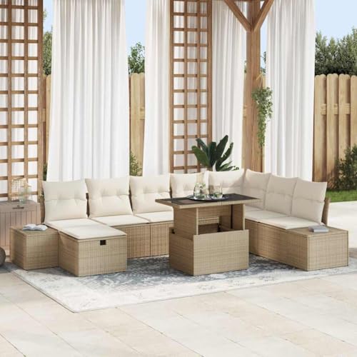 SooIarix Juego de 9 sofás de jardín de polirratán beige con madera de acacia, mesa de altura ajustable, compartimentos de almacenamiento, 8 plazas, resistente a la intemperie para jardín, salón