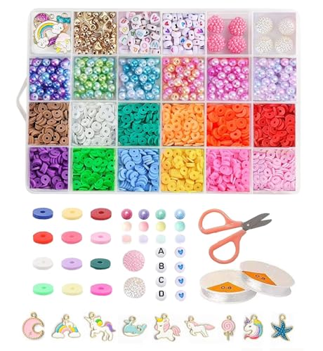Image of CURVE CREATION Jewellery Making Kit Bracelet Making Kit Macaron Color for Bracelet Making Clay Beads Kit Letter with Unicorn Pendants, Crystal Star Flower Hair Set for DIY Jewelry Crafts (Multicolor 2)