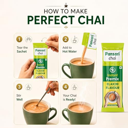Image of Pansari Instant Tea Premix | Pansari Elaichi Chai | 15 Sachets x 14g | Ready in 1 Min | Cardamom Tea Powder | No Milk Required | Low Sugar Instant Chai