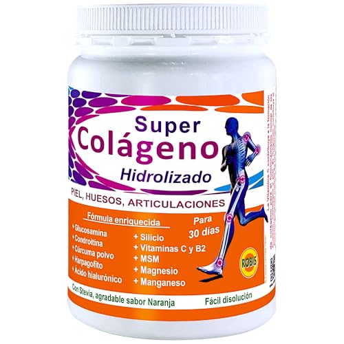 Robis Super Colágeno Hidrolizado 350gr - Con Magnesio, Ácido Hialurónico y Vitamina C - Cuidado de Articulaciones, Huesos y Piel - Alta Biodisponibilidad - Sabor Naranja