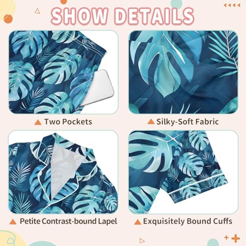 senya Watercolor Monstera Satin Summer Pajama Sets Silk Short Sleeve Button Down Sleepwear3