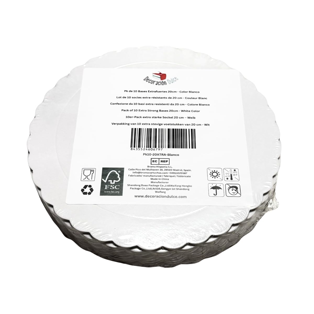 Decoraciondulce 10 x Discos/Bases Extrafuerte de 20cm X 3 Mm. Altura para pasteles (10 X Blanco)