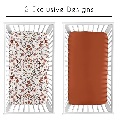 Image of Sweet Jojo Designs 2-Piece Baby Bassinet Sheets Set (Ivory and Orange Boho Vintage Floral) for Girls, Infant Newborn Nursery, Oval, Rectangle & Hourglass Mattress (Solid Rust & Bohemian, Wildflower)