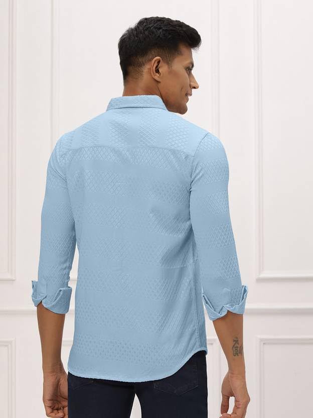 Image of Men's Polycotton Casual Textured Button Down Regular Fit Shirts Long Sleeve Shirt